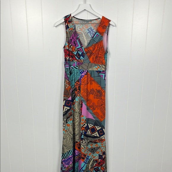 NY Collection Womens Maxi Dress M Orange Blue Black Sleeveless Abstract 95% Poly - Picture 1 of 13